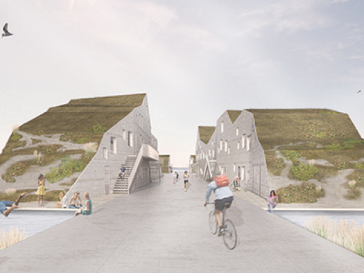 Drijvende woningen in zee